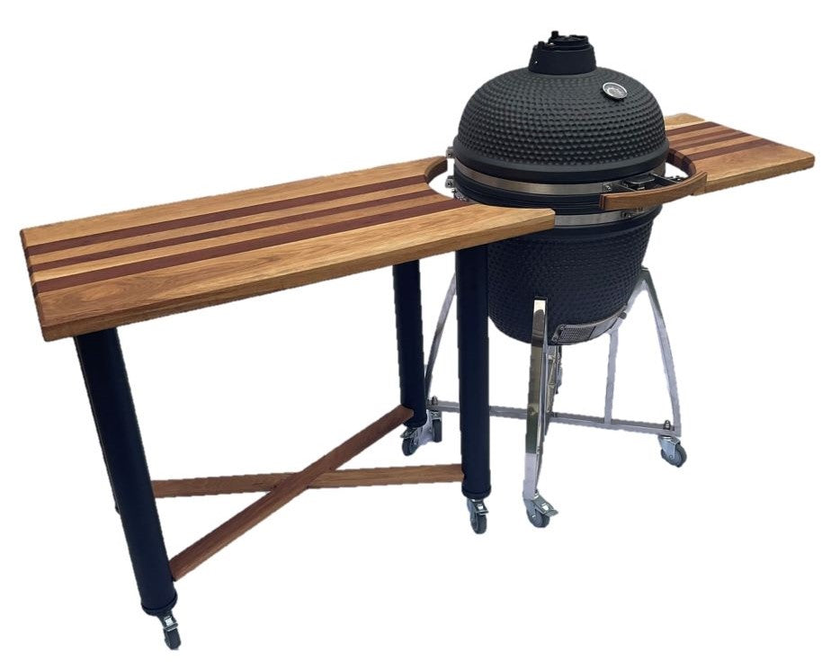 Kamado Table Cart and 21" Large Braai, Smoker, Pizza Oven with Table, Large Shelf and Accessories