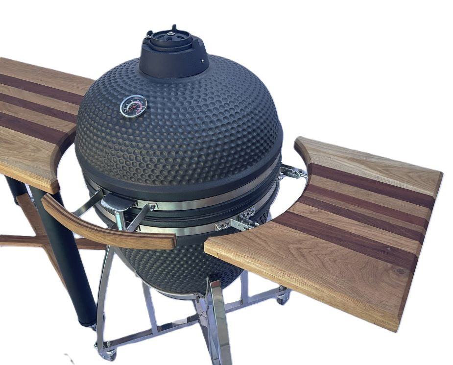 Kamado Table Cart and 21" Large Braai, Smoker, Pizza Oven with Table, Large Shelf and Accessories