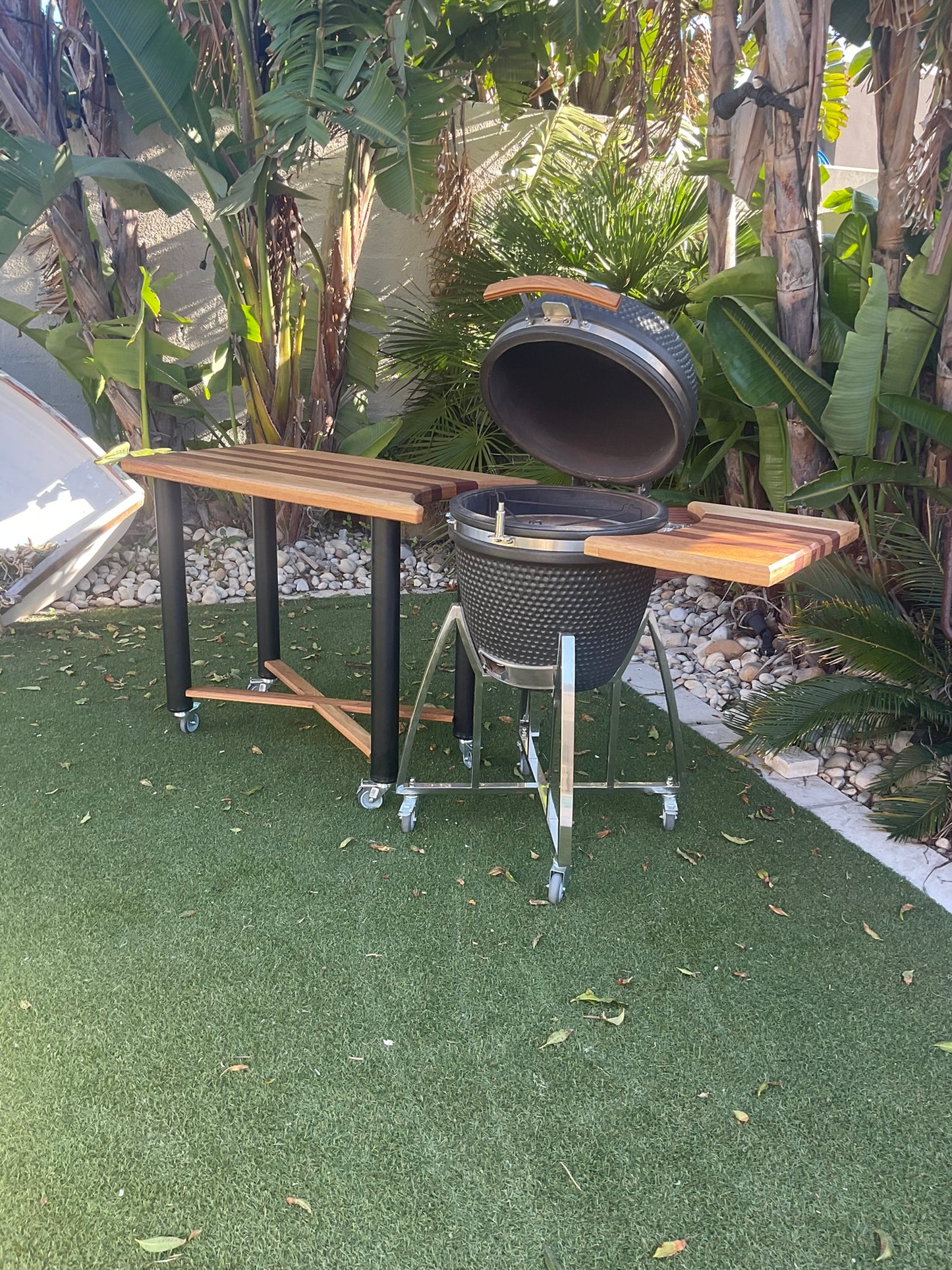 Kamado Table Cart and 21" Large Braai, Smoker, Pizza Oven with Table, Large Shelf and Accessories