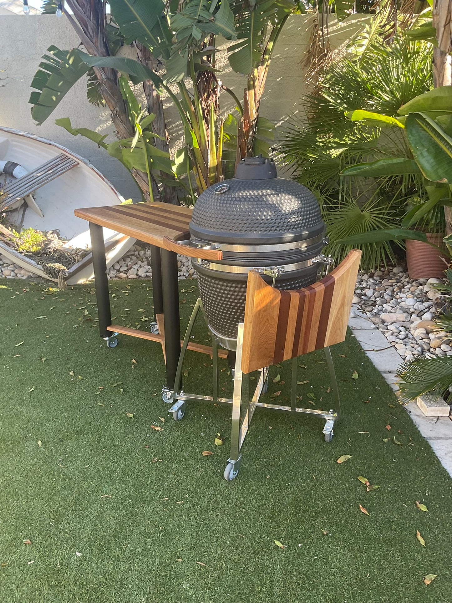 Kamado Table Cart and 21" Large Braai, Smoker, Pizza Oven with Table, Large Shelf and Accessories