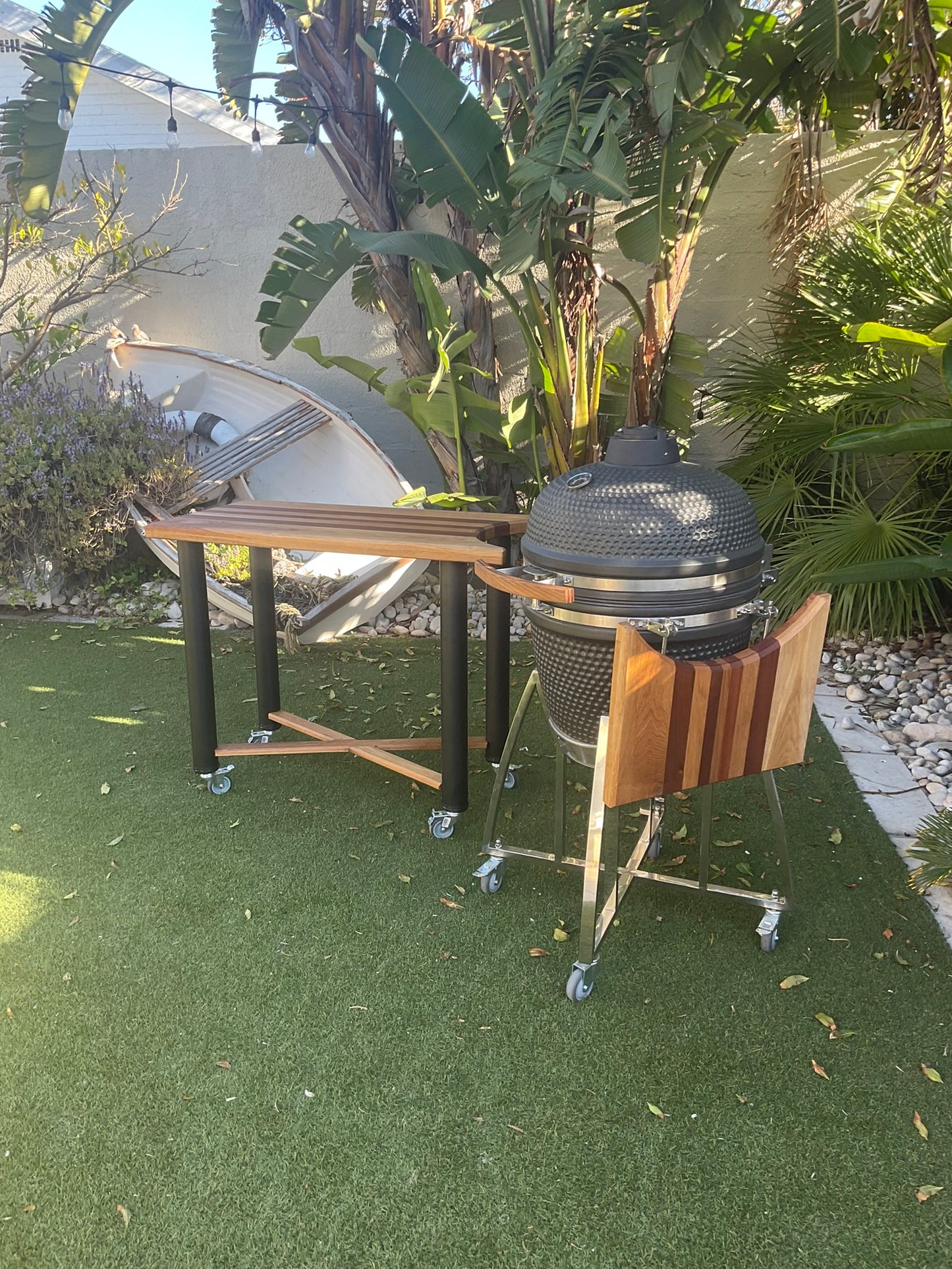 Kamado Table Cart and 21" Large Braai, Smoker, Pizza Oven with Table, Large Shelf and Accessories