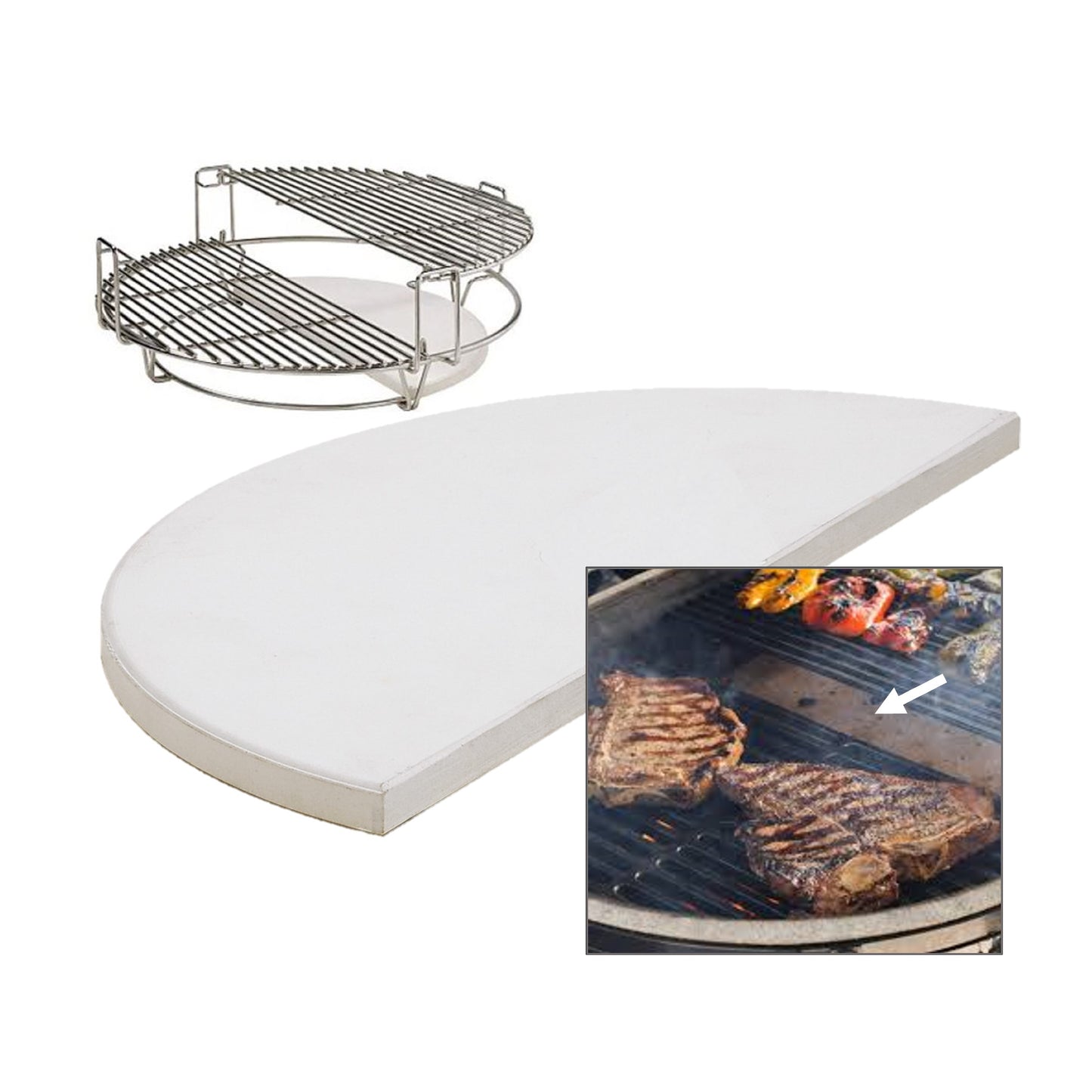 Kamado Half Moon Ceramic Heat Deflector Plate - adds control and versatility