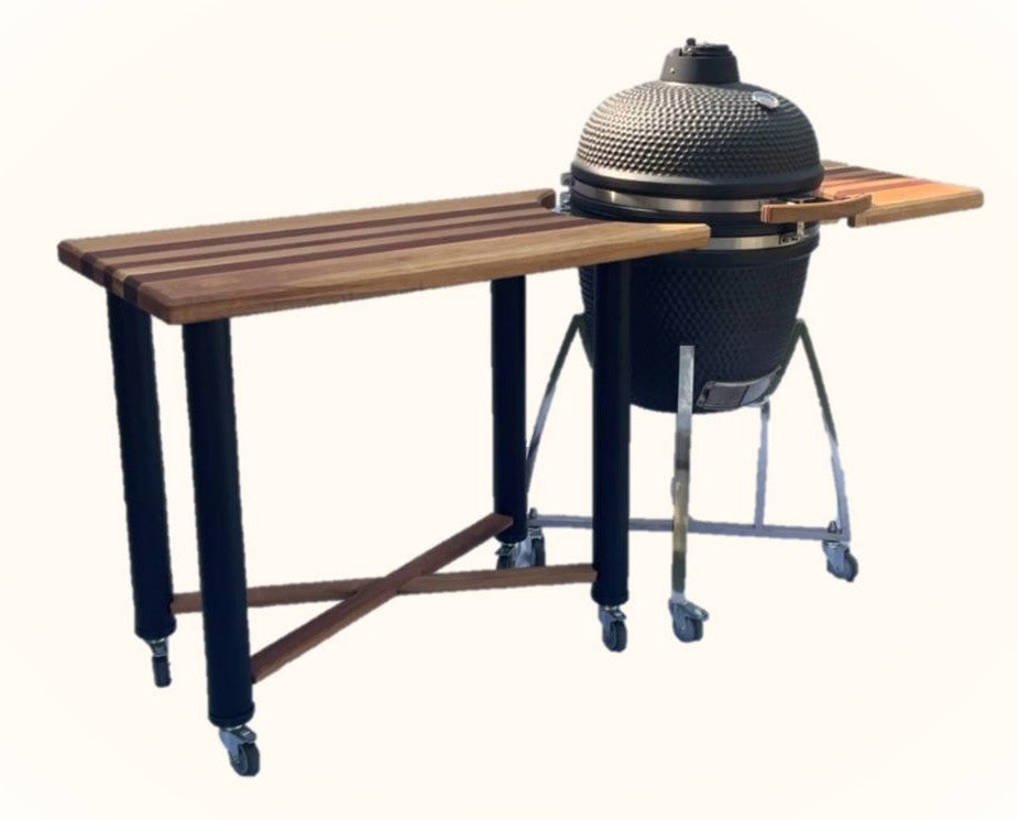 Kamado Table Cart and 21" Large Braai, Smoker, Pizza Oven with Table, Large Shelf and Accessories