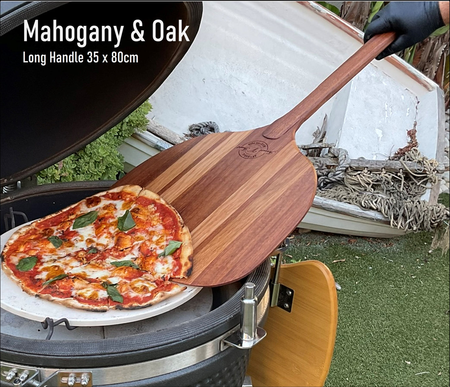 Premium Long Handle Wooden Pizza Peel - Artisan Craft & Natural Beauty - Mahogany and Oak